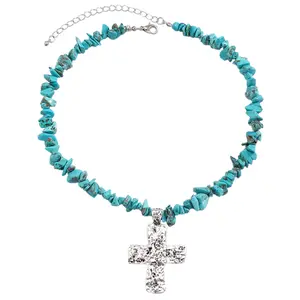 Natural Stone Necklace Gothic Cross Pendant Irregular Chain Choker