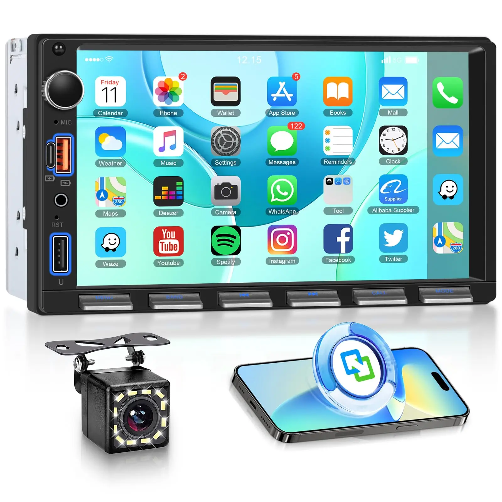 podofo Double Din Car Radio Stereo with 7-in Display Screen, Wired CarPlay, iOS Compatibility, Bluetooth, Backup Camera, SWC, Mirrorlink, FM/EQ/AUX Support, Type-C & USB Charging, Calendar Viewing, Color Backlight Settings (Father's Day Gift Option), Carp