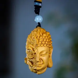 Cliff Cypress Wood Buddha Demon Wood Carving One Thought Between Engraving Handheld Pendant Men's Craft Portable Play Artifact St. Jude Blessing hip hop titanium steel pendant