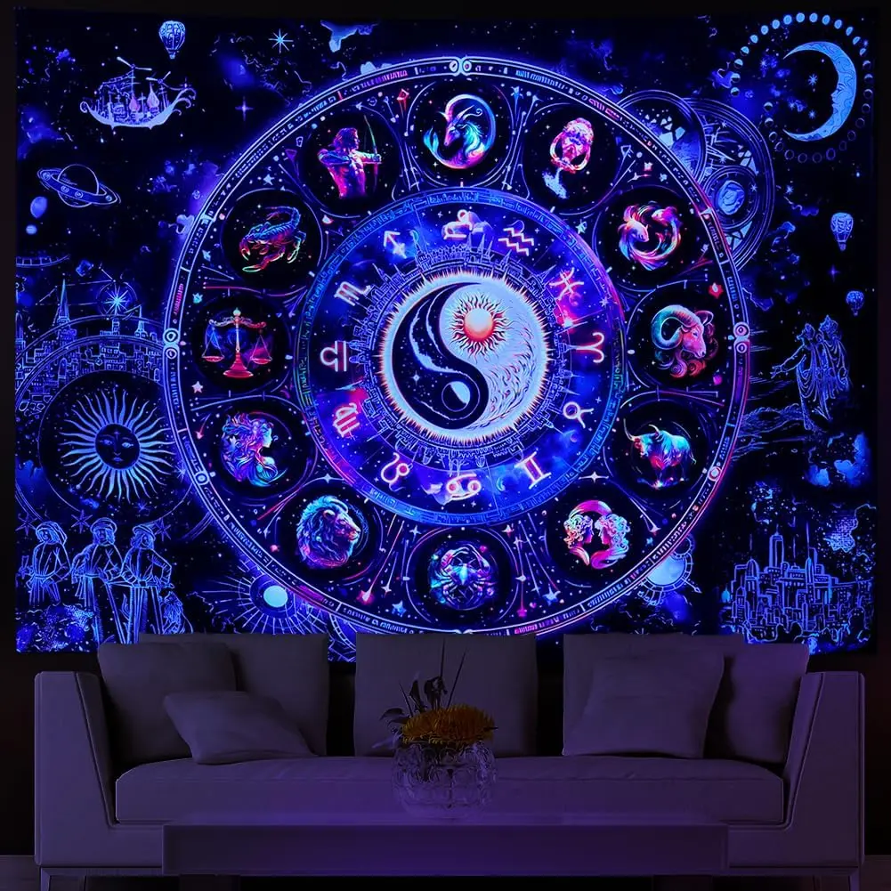 Lahasbja Blacklight Constellation Tapestry UV Reactive Sun and Moon Tapestries Spiritual Zodiac Astrology Wall Tapestries Galaxy Wall Decor Mystic Yin Yang Wall Hanging for Bedroom