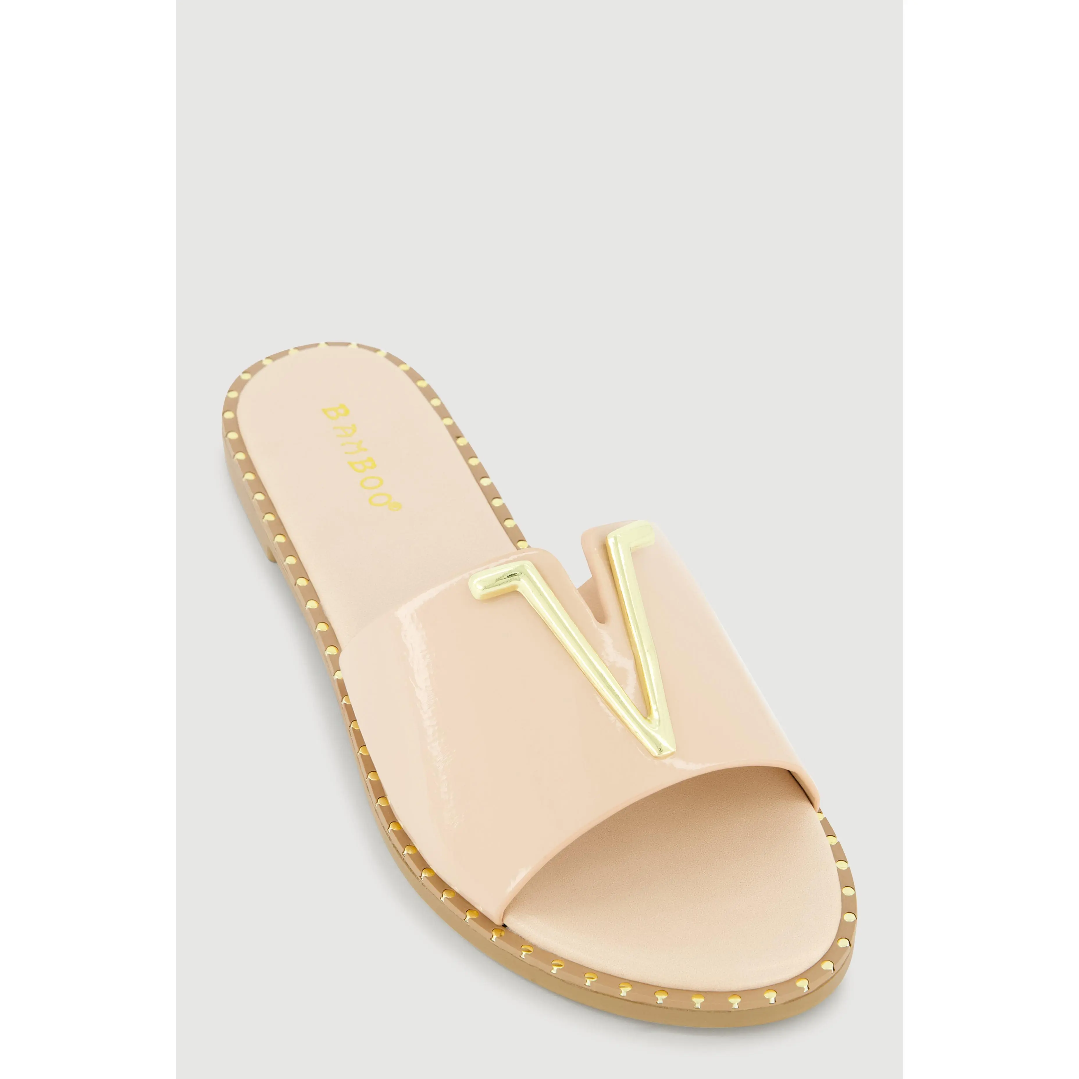 Metallic V Pendant Notched Band Slide Sandals