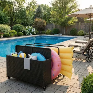 Pool Float Storage Organizer with Rolling Wheels, All-Weather PE Rattan Pool Caddy, 2 Open Compartments + Side Slots, Outdoor Wicker Toy Storage Basket for Poolside, Patio & Deck