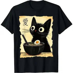 Trendy Graphic Funny T-shirt - Funny Cat Ramen Graphic Tee Japanese Kawaii Anime Cat T-Shirt - Men Women Loose sports T-shirt