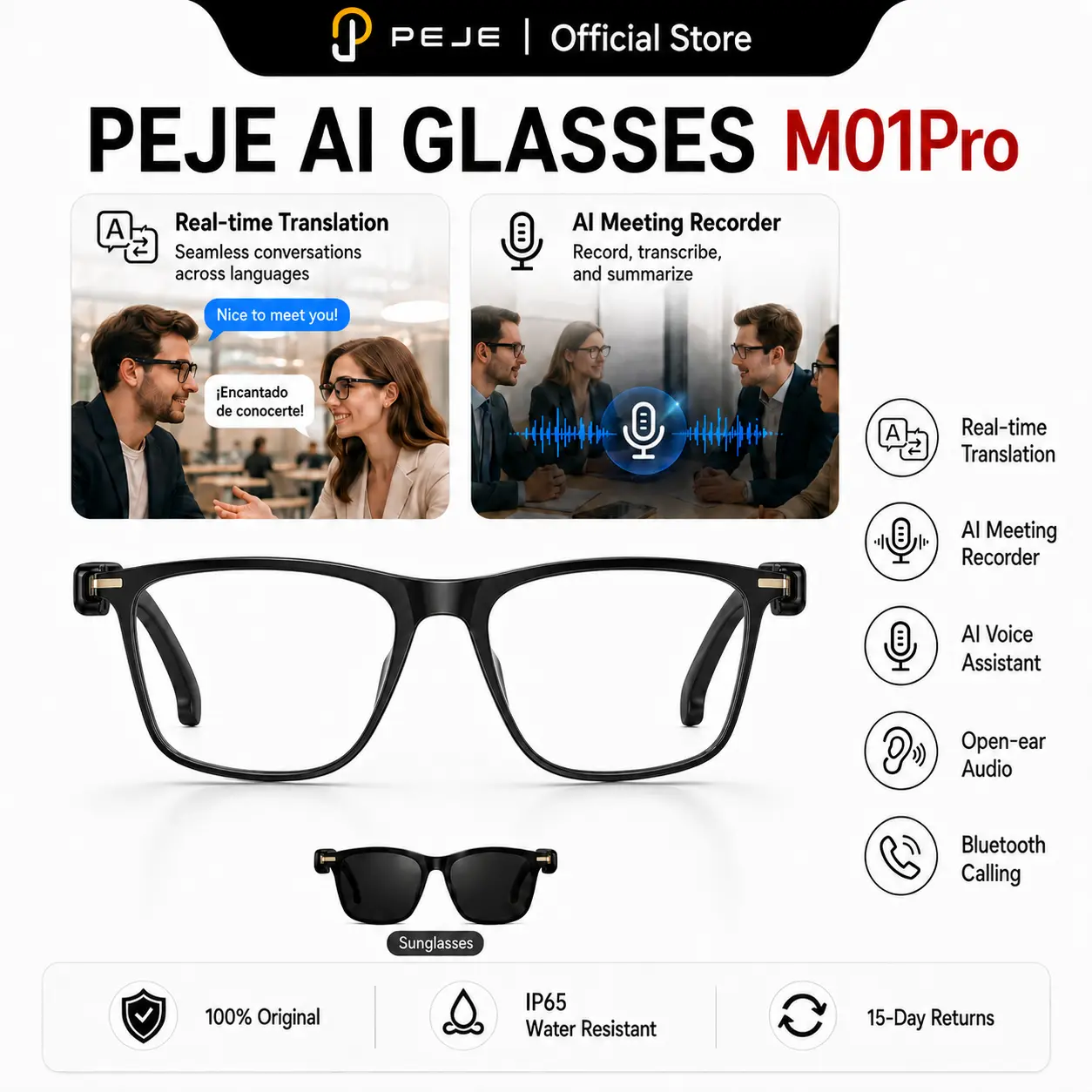 PEJE AI Smart Glasses M01Pro, Real-Time Translation Glasses for Travel Work, Open-Ear Audio, Bluetooth Calling, AI Meeting Notes, IP65 Water Resistant Smart Eyewear with Interchangeable Lenses for Men Women hd voice call Sunglasses