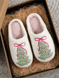 Christmas Plush Warm Memory Foam Women's Slippers, Winter Vintage Fur Lined Indoor Home Shoes, Comfortable and Stylish Winter Footwear, Fashionable Slippers