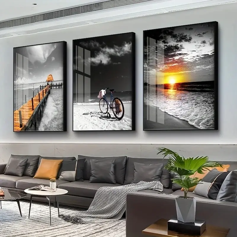 3pcs/set Frameless Canvas Beach Sunrise triple canvas painting Paintings Prints Black White Artistic Landscape Pictures Modern Pictures Room Wall Art Decorative Artwork for Bedroom Living Room Home Decoration