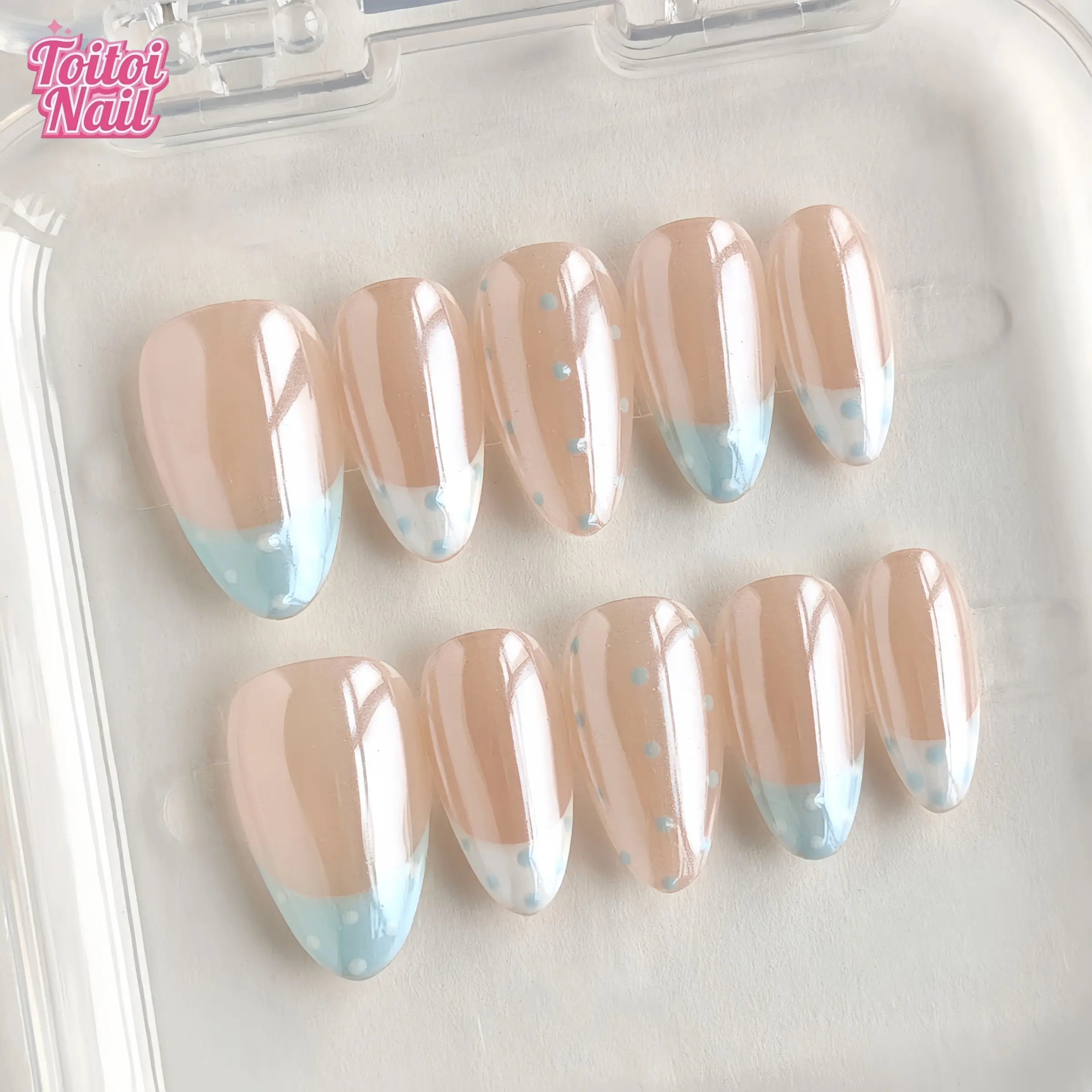 Nude Base Light Blue French Polka Dot Handmade Press-On Nails, Decorative Nails, Short Almond Shape, 10pcs, Fresh Milky Blue French Tip Design, Glossy Finish with Polka Dots, Reusable DIY Nail Kit for Women, Nails for Daily Wear, Party & Spring Outings