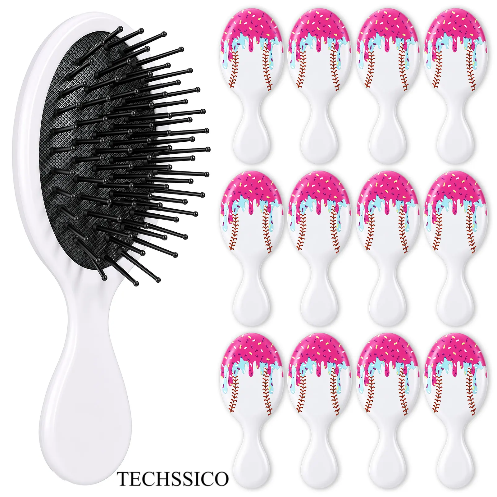 TECHSSICO 12 Pcs Softball Mini Detangler Brushes with Ice Cream Design, Soft Flexible Bristle Travel Hair Brushes for Softball Team Gifts, Sport Players Party Favors (White)