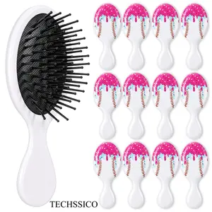 TECHSSICO 12 Pcs Softball Mini Detangler Brushes with Ice Cream Design, Soft Flexible Bristle Travel Hair Brushes for Softball Team Gifts, Sport Players Party Favors (White)