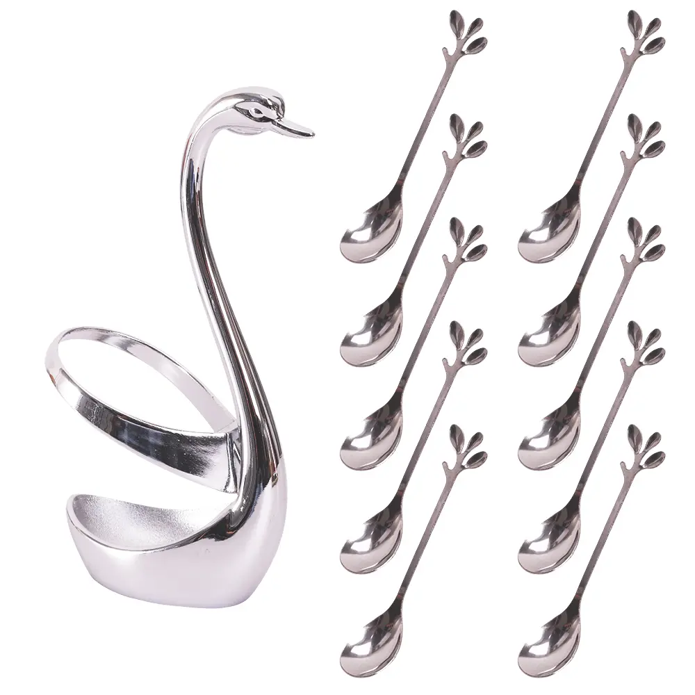 Gold Small Coffee Spoon Holder Set, Swan Base With 10Pcs Demitasse Espresso Spoons Set,4.8" Mini Leaf Dessert Spoon,Stainless Steel Tea Spoons
