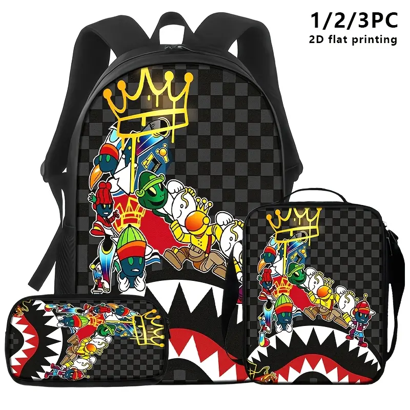 1/2/3pcs Trendy Backpacks, Shoulder Bags, And Pencil Cases Feature a Black And Checkerboard Base, Adorned with Cartoon Characters And Shark Mouth Designs, Topped with a Golden Crown. The Overall Style Is Strongly Influenced by Street Art