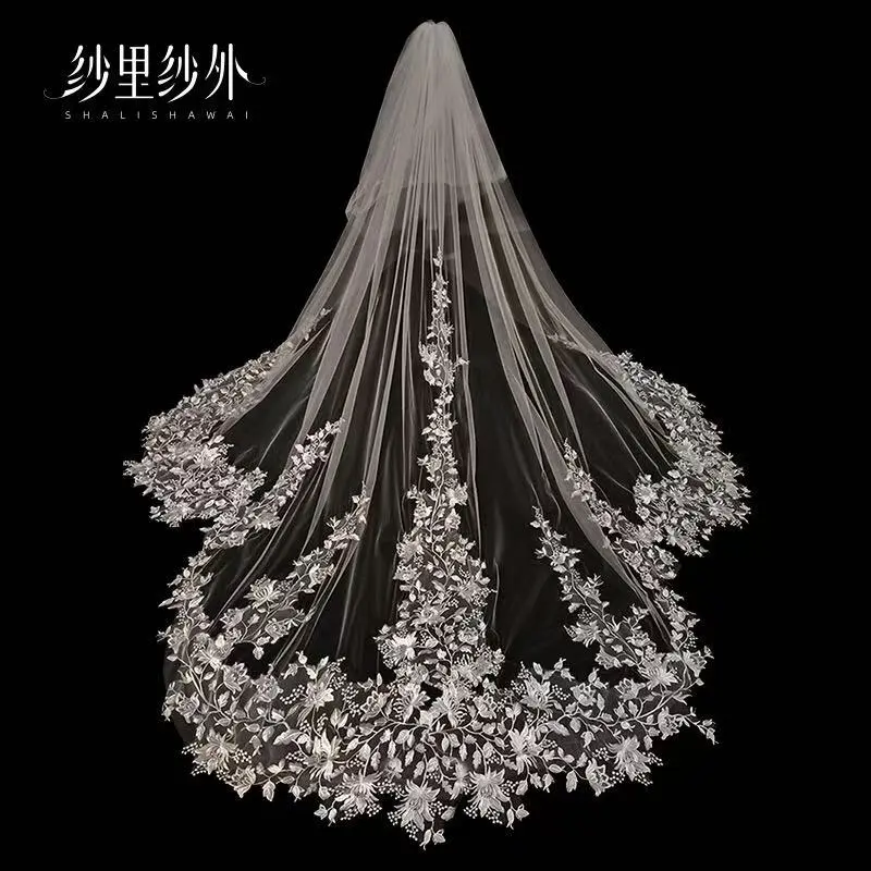 Shalishawai Bridal Veil with Lace Trim and Long Train New Style Headpiece for Fairy-like Forest Wedding Ultra-fairy Long Train