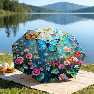 Portable folding umbrella The umbrella features vibrant patterns of butterflies and colorful flowers, with the core characters being butterflies in blue, yellow, and orange. Suitable for daily travel use, holiday Gift