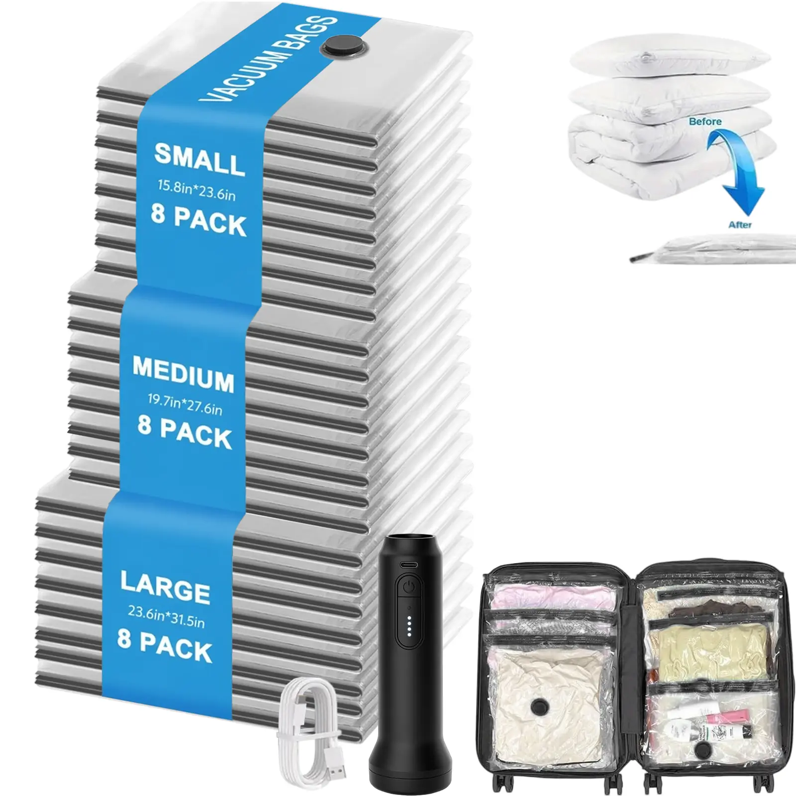 Cordless Travel Waterproof Reusable Space Saver Vacuum Storage Bags Compression Bags 24 Pack 3 Sizes 80μm Thick Tear Resistant Double Zipper Usb Rechargeable Pump Save 80% Space For Clothes Comforters Suitcase