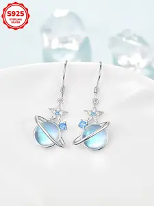 Women's Elegant Silver Color Earrings, Moonstone Cubic Zirconia Pendant Design, Hypoallergenic Daily Wear Jewelry Gift