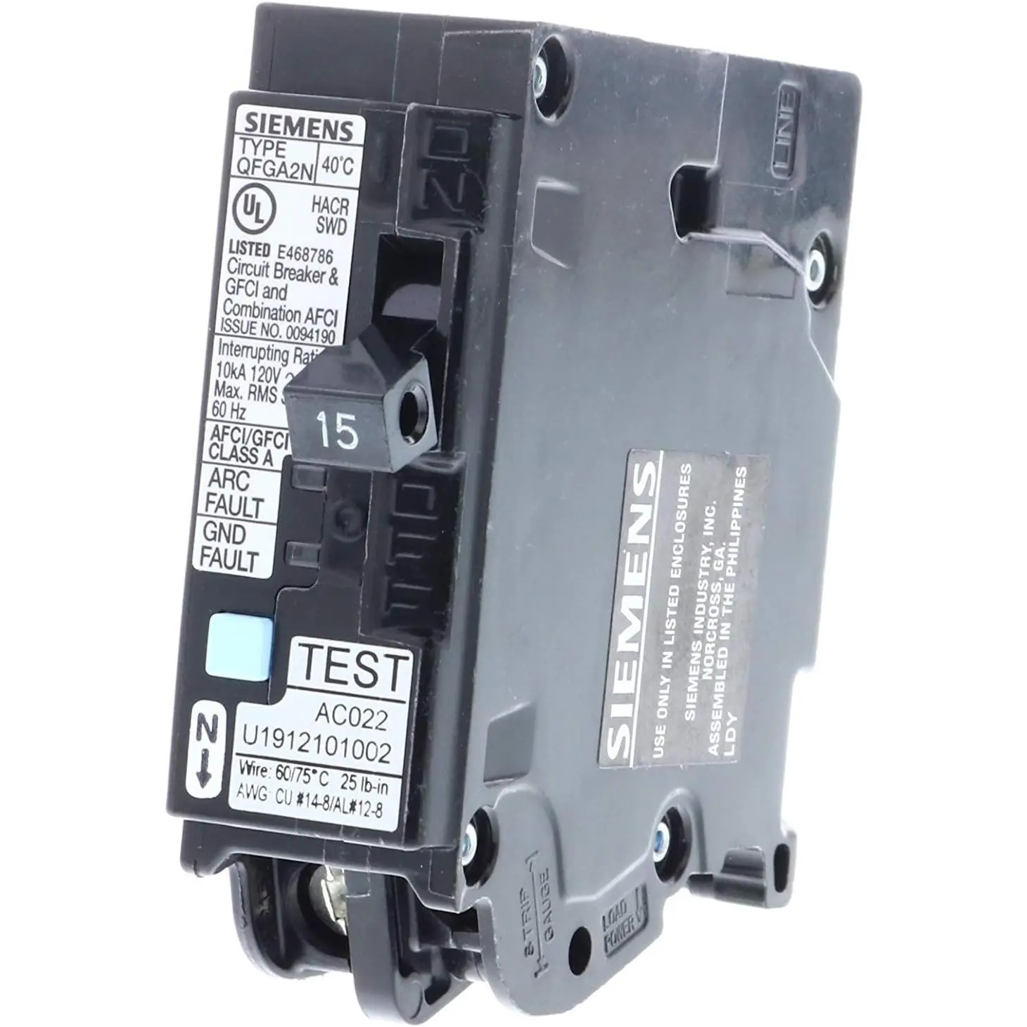 Siemens QP Q115DFN Genuine OEM Dual-Function AFCI/GFCI Circuit Breaker, 15A Single-Pole, 120V, 10 KAIC, Ground Fault & Arc Fault Protection, for Bathrooms, Laundry Rooms, Load Centers