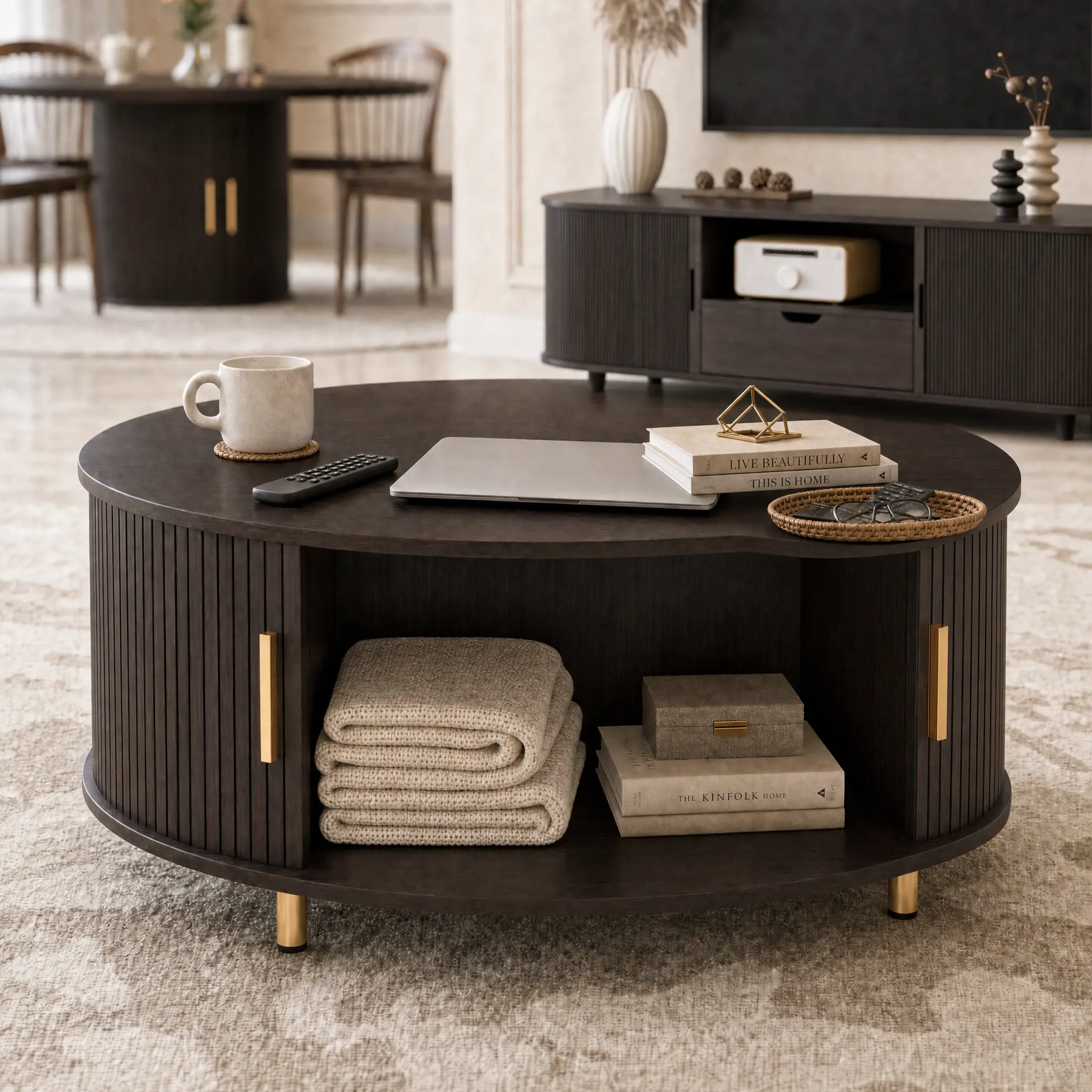 【Round Coffee Table】DHH 31.5-Inch Mid-Century Fluted Coffee Table with Tambour Sliding Doors, Hidden Storage and Metal Legs, Dark Walnut campingessentials campingessentials