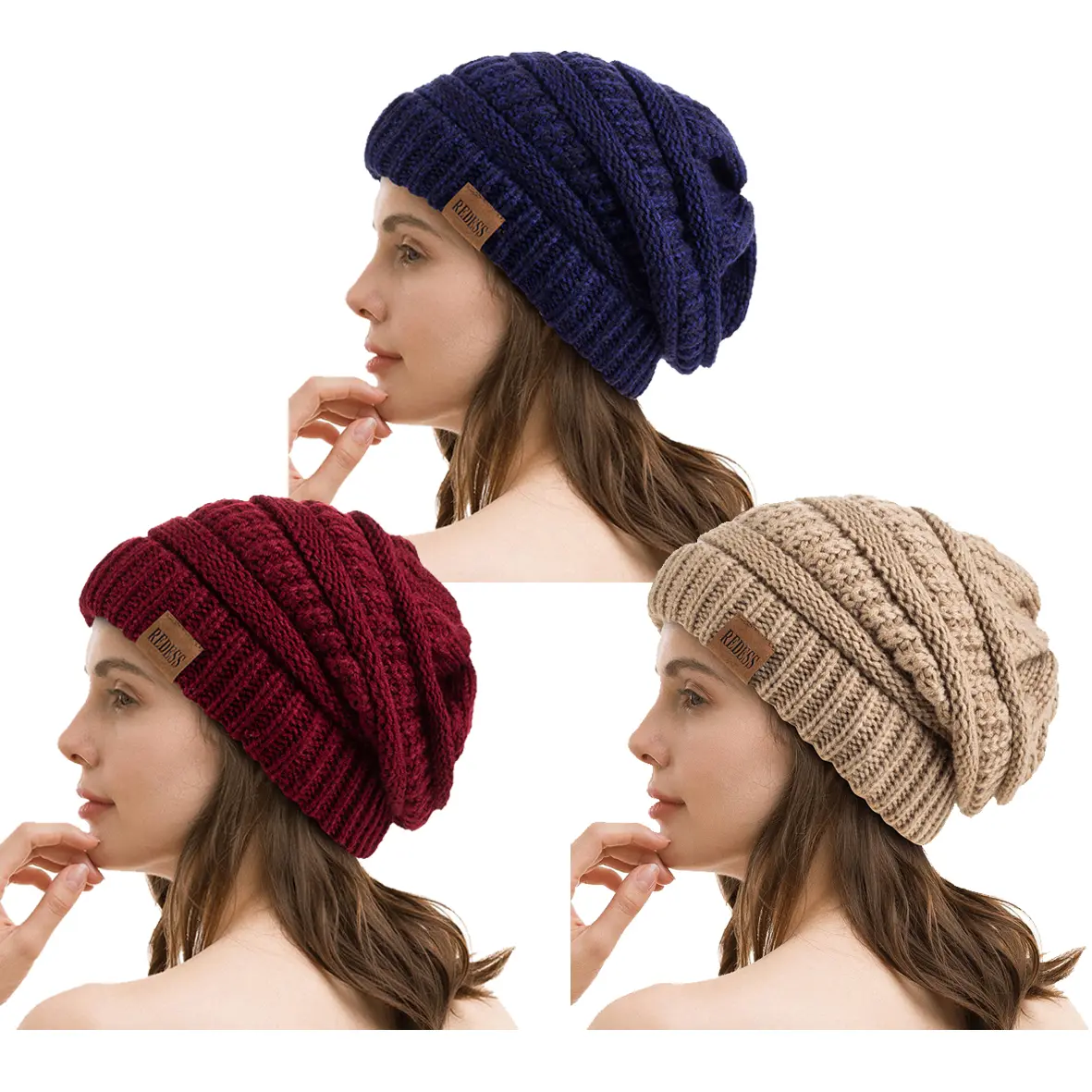 REDESS Women’s 3-Pieces Winter Cozy Beanie Hats, Thick Warm Knitted Slouchy Cap for Sports & Outdoor Use, Beanies, Hats For Women