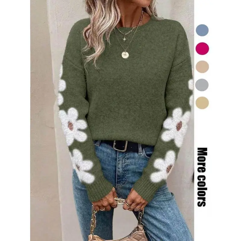 NewWomen's Floral Knit Sweater, Comfortable Loose Fit Long Sleeve Pullover with Round Neck for Autumn Winter