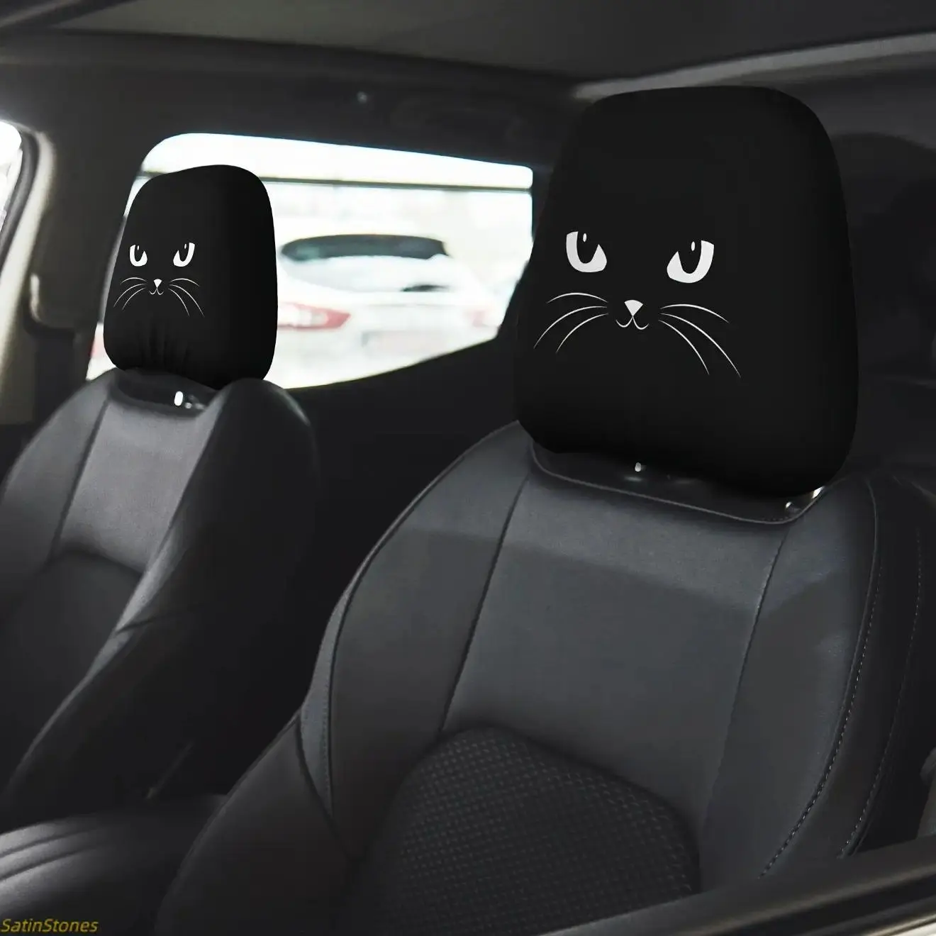 2-Pack Cat Pattern Car Seat Headrest Covers, Flexible Polyester Material, Easy Installation, No Tools Required, Dust and Stain Resistant, Furry Car Seat Headrest, Car Seat Protector