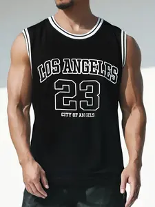 Men's Letter & Number Print Tank Top, Regular Fit Casual Sleeveless V Neck Lightweight Basketball Apparel Jersey for Summer, Men's Sports Top for Daily Wear