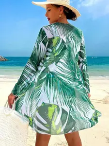 Beach Vacation Mesh Cardigan Long Sleeve, Conservative Tankini Bikini Bottoms, Tropical Print Three-Piece Swimsuit Set