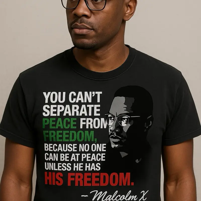 Malcolm X T-Shirt Juneteenth Edition men and Women's Top with Iconic Quote Peace and Freedom Design - Womenswear Graphic Streetwear Tshirt Shortsleeve Crewneck Casual