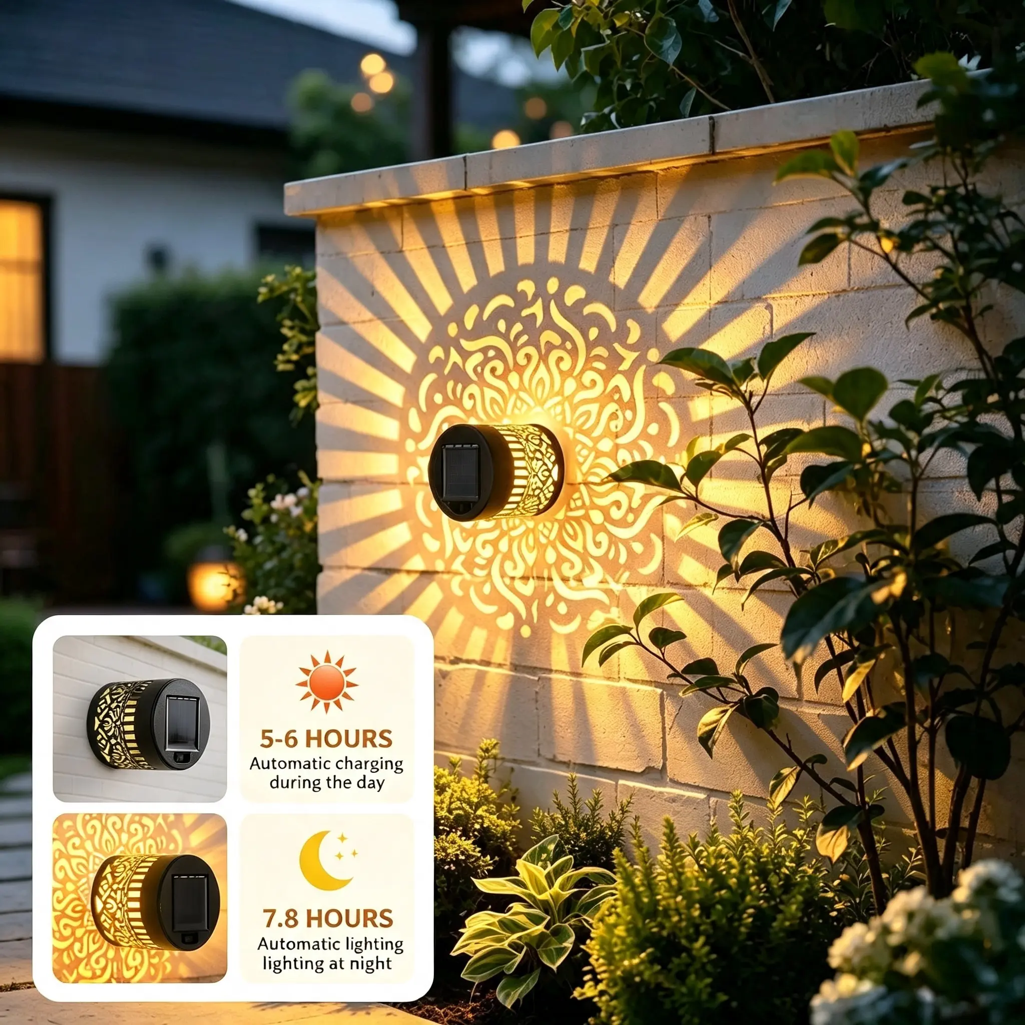 Solar Mandala Projection Wall Light Waterproof Outdoor Solar Decor Lamp, Auto On/Off Shadow Projector Light for Garden, Patio, Villa, Front Door, Backyard Fence Decor