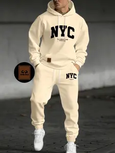 Men's Letter Print Hoodie Set, Kangaroo Pocket Drawstring Hooded Sweatshirt + Waistdrawstring Sports Pants 2 Piece Set, Fall & Winter Casual Fashion, Streetwear Sporty Workout Tracksuit Set