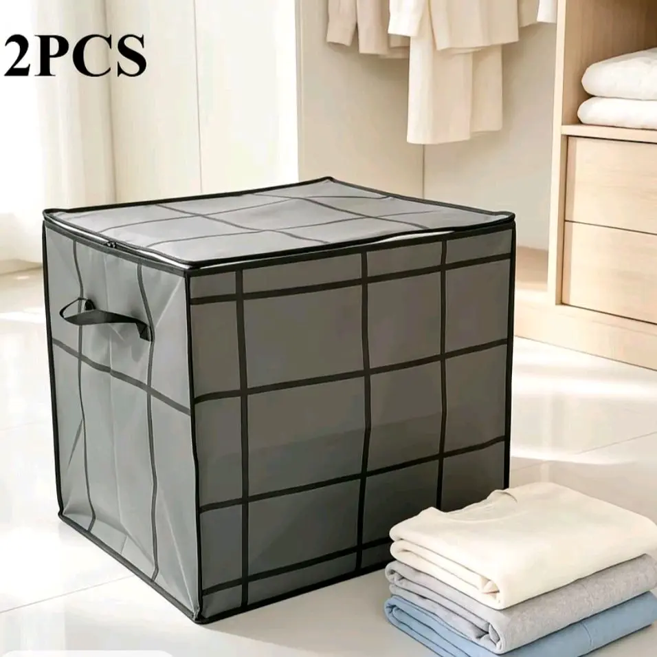 2 Pack Large Clothes Storage Bags with Handles, Foldable Closet Organizer Bins, Heavy Duty Double Zipper Blanket & Comforter Storage Boxes for Clothes, Bedding, Moving, Under Bed & Wardrobe Organization