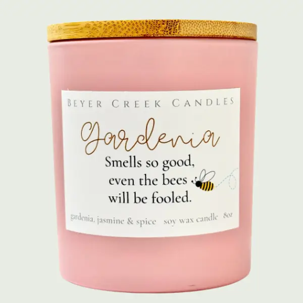 Beyer Creek Candles Gardenia Soy Wax Candle with Jasmine and Spice Scent in 8oz Pink Frosted Vessel with Wooden Lid - Ornaments Decor Aroma Floral