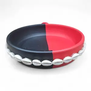 Elegua Red and Black Ceramic Offering Plate with Cowrie Shells – 6 Inch Santeria Ritual Dish Plato for Protection and Offerings