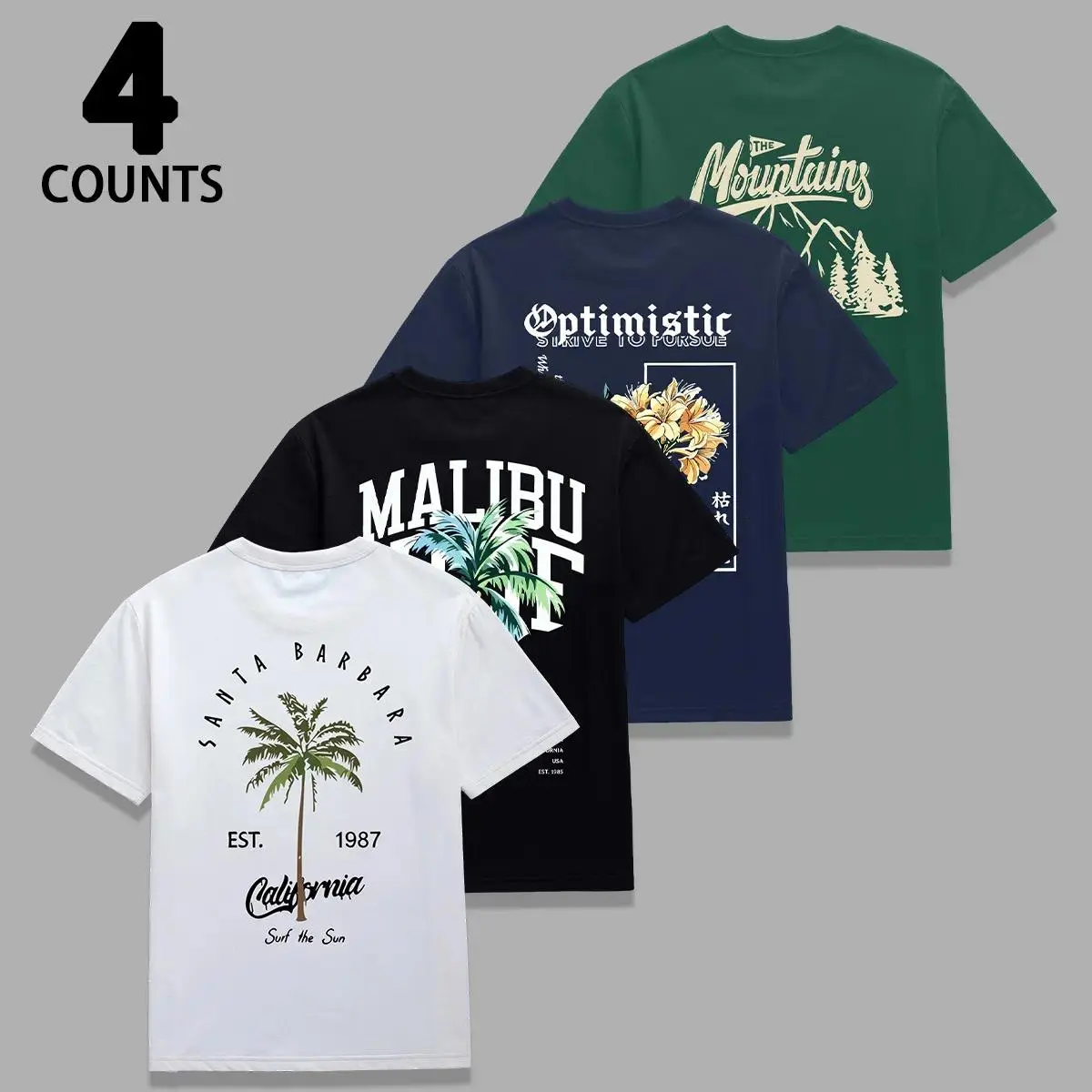 Men's 4-Piece Casual Short-Sleeve T-Shirt Set, Menswear Round Neck Streetwear Tops with Tropical & Floral Graphic Prints, Wrinkle-Resistant Relaxed Fit for Warm Weather, Ideal Gifts for Him, Back to School Shopping