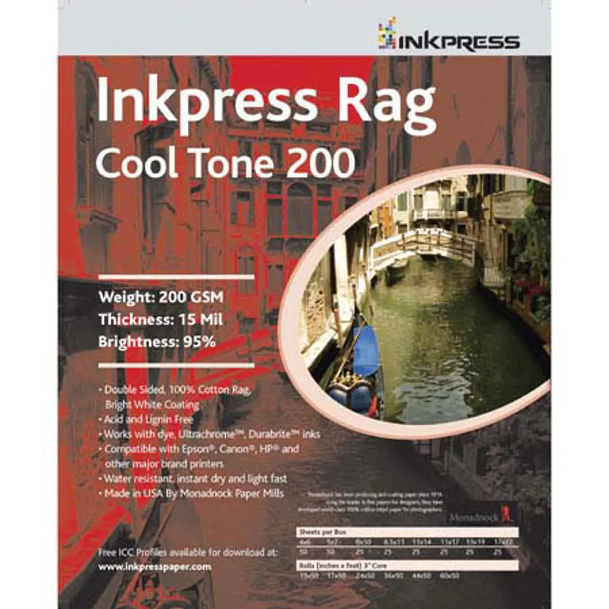 Inkpress Rag Cool Tone 200 Double Sided, Bright White Matte Inkjet Paper, 16 mil., 200gsm, 11x14", 25 Sheets