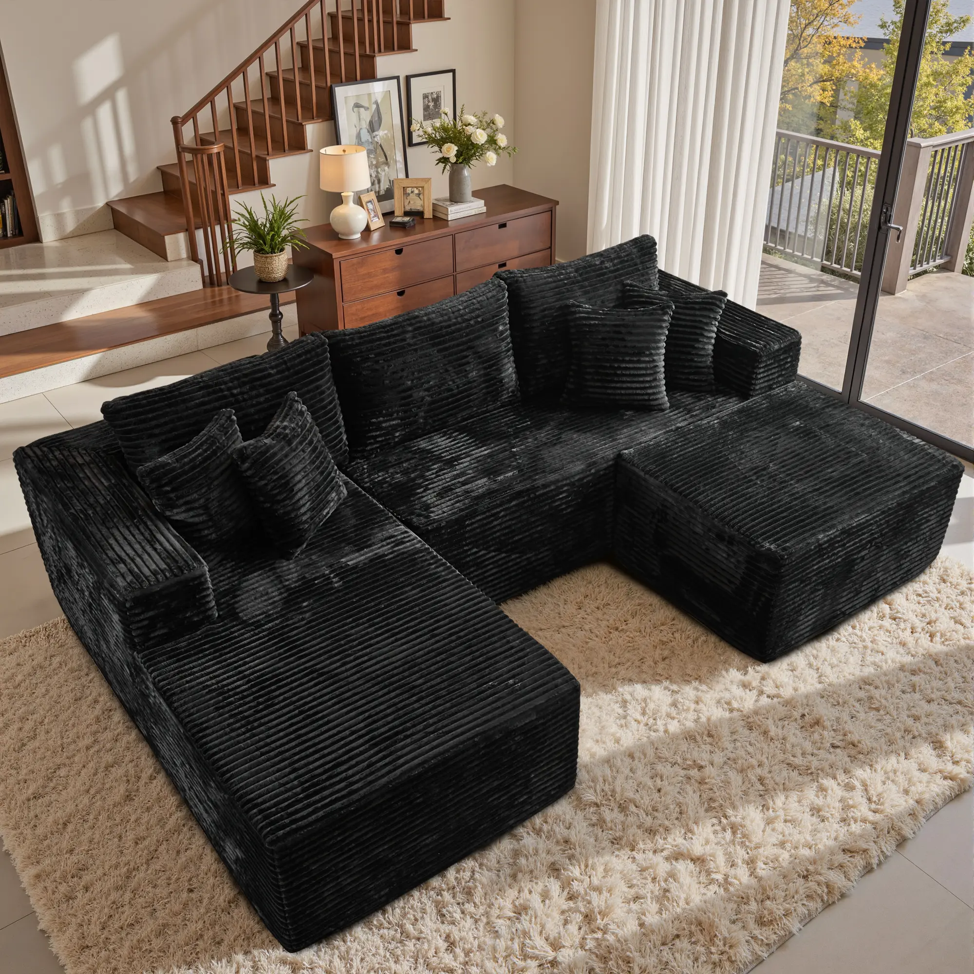 106" Black U-Shaped with Ottoman, Left Chaise 1