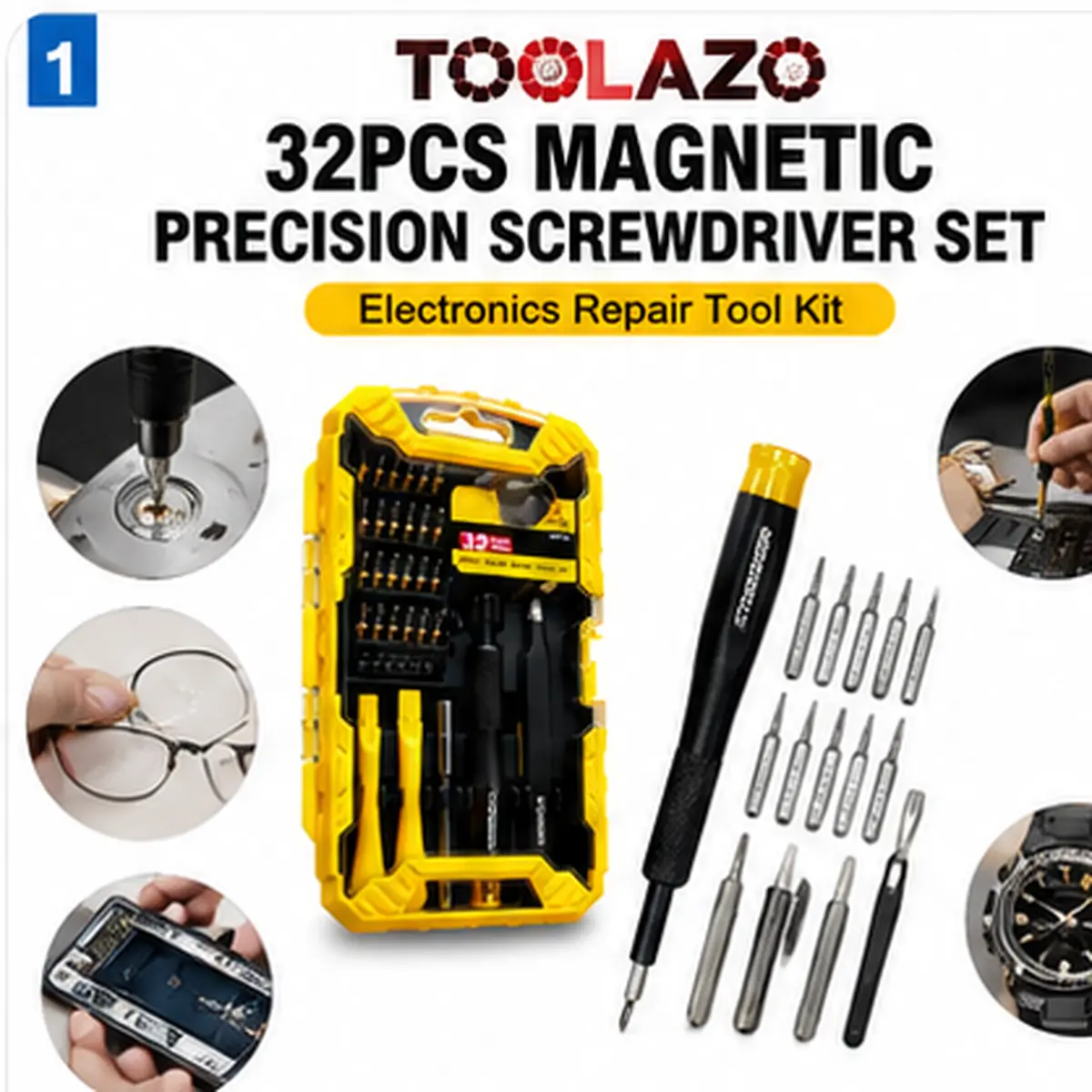 TOOLAZO 32-Piece Magnetic Precision Screwdriver Full Set, Yellow Electronics Tool Kit with 24 Bits, Extension Shaft, Suction Cup, Opening Tools, Storage Case for Phones, Laptops, DIY Users (Magnetic Grip) gifted gift
