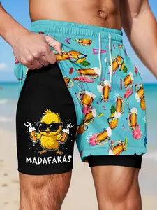 Men's Double-Layer Beach Shorts, Funny Chick & Beer Print Anti-Chafe Liner, Elastic Waist Drawstring Shorts for Gym, Running, Beach and Casual Wear