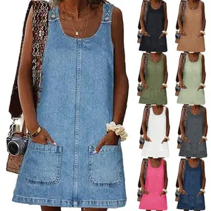 Women's Sleeveless Casual Denim Dress Crewneck Vintage Overall Mini Dress with Pockets(Sheets)