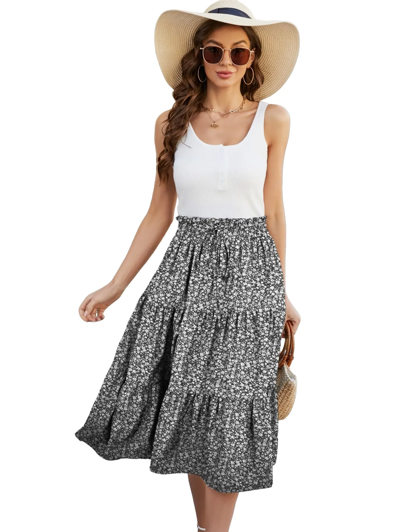 Women's Ditsy Floral Print Ruffled Hem Elastic Waist Flared Skirt, Bohemian Boho Feminine Fashion Midi Skirt for Daily Holiday Vacation Wear, Ladies Bottoms for Spring & Fall, Fit, Boho Casual Skirt