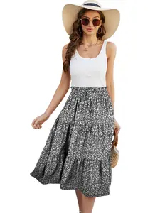 Women's Ditsy Floral Print Ruffled Hem Elastic Waist Flared Skirt, Bohemian Boho Fashion Midi Skirt for Daily Holiday Vacation Wear, Ladies Bottoms for Spring & Fall