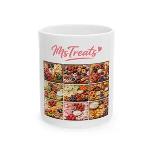 MsTreats Dessert Charcuterie Collage Print Ceramic Mug - 11oz Lead-Free Cup with Sturdy Ceramic Body, Glossy Finish, Washable, Reusable, Microwave Safe Kitchen Drinkware