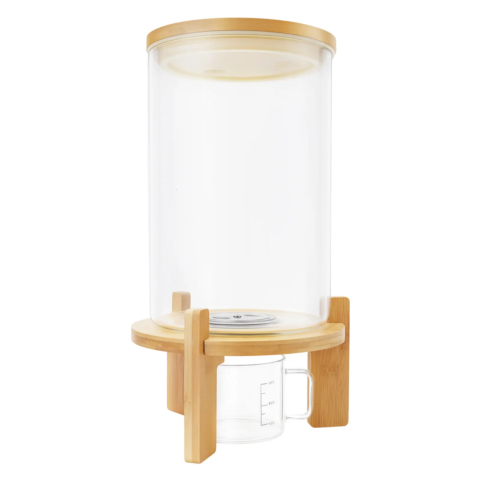 7.5L Airtight Glass Rice Dispenser with Sealed Bamboo Lid, Bottom Valve, Bamboo Stand & Measuring Cup - Food-Safe Self-Dispensing Glass Food Canister for Grains, Beans, Cereals, Airtight Containers, Glass Food Containers
