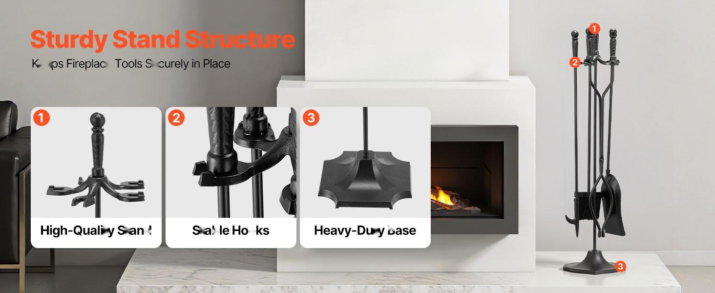 Fireplace Tool Set 5-Piece With Stand And Holder, Tongs, Shovel, Brush, Poker, Five-Prong Stand, Wrought Iron Fireplace Accessories For Indoor Outdoor Campfire Use, Black Durable Steel Construction With Easy-Grip Handles