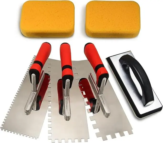 6pcs ceramic tile tool stainless steel square groove scraper set,  Notch Trowel Plus Rubber Grout Float and Grout Sponge for Tiling Installation Grouting, suitable for tile installation jointing work
