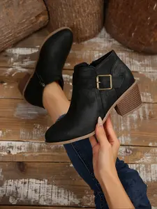 Spring Autumn New Plus Size Women's Ankle Boots, Classic American Style Pointed Toe Chunky Heel Buckle, Casual Outdoor Fashion Booties