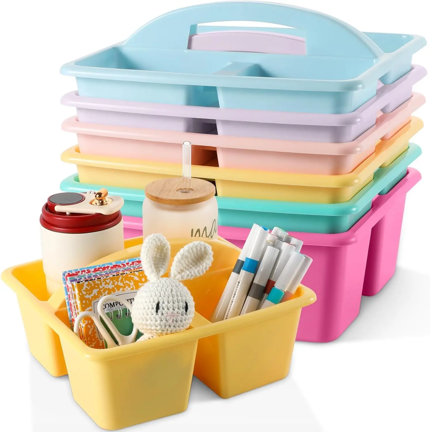 6 Pack 3 Compartment Small Caddy Plastic Classroom Organizer with Handle Portable Teacher Supply Storage Caddy Craft Art Caddies for Pencil, Crayon, Marker, Home, Office, School Supplies(Pastel)
