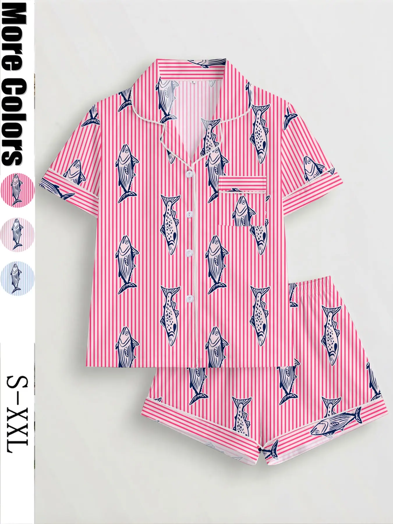 Women's Fish-Print Pajama Set, Short-Sleeve Button-Up Top and Elastic Shorts, Comfortable All-Season Loungewear for Home