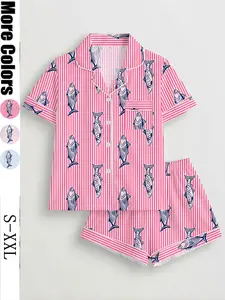 Women's Fish Pattern Pyjama Set, Short Sleeve Button-Up Top & Elastic Shorts, Casual Home Wear Loungewear, All Seasons Comfortable Sleepwear Pajama Set Pajamas Womenswear