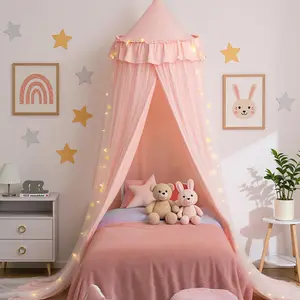 Bed Canopy with Star Lights, Double Layer Bed Canopy for Girls, Princess Canopy Bed Curtain for Twin Bed, Breathable Kids Dreamy Play Tent Room Castle Reading Nook, Machine Washable, 26''x125'' - Pink