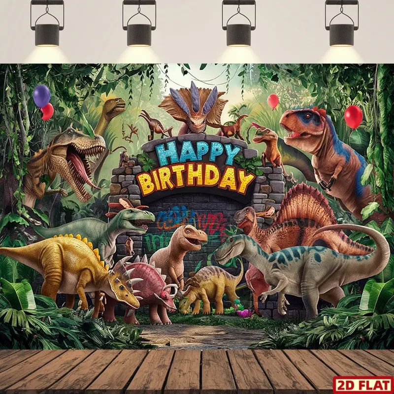 2D Flat Banner, Dinosaur Birthday Decorations, 1pc Dinosaur Birthday Party Banner - Vibrant Polyester Backdrop with Balloons, Happy Birthday & Jungle Theme, Dinosaur Themed Design, Perfect for Home Decor, Photo Props, All Seasons Garden Party Decor